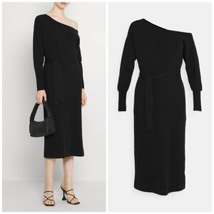 NEW Ever New Issey Self Tie Off Shoulder Knit Black Midi Dress